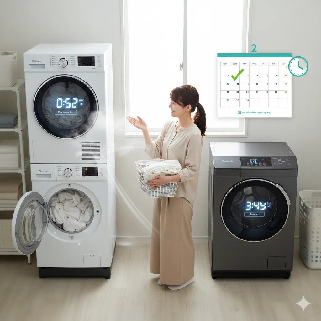 ガス乾燥機「乾太くん」が52分と表示され温風を出す一方、電気乾燥機が3時間49分と表示された洗濯機を前に、驚きと時短効果を感じている様子の日本人女性