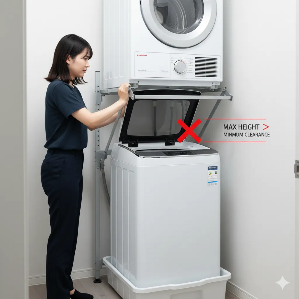 縦型洗濯機の蓋を開けた時、上の乾太くんラックに蓋の頂点がぶつかり全開できない設置失敗のシミュレーション。