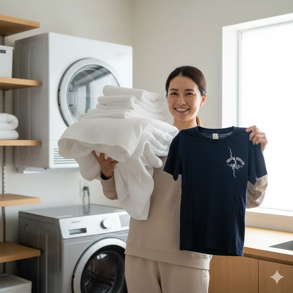 ガス乾燥機「乾太くん」の前で、新品のようにふっくらした白いタオルと、高温乾燥で少し縮んでしまったお気に入りのTシャツをそれぞれ手に持ち、笑顔で困り顔をする日本人女性