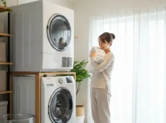 明るいランドリールームで、ガス衣類乾燥機「乾太くん」が設置された洗濯機の前で、ふかふかの洗濯物を抱きしめて笑顔を見せる若い日本人女性。