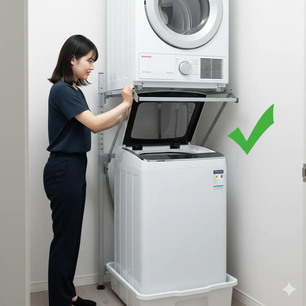 平均身長の日本人女性が踏み台なしで乾太くんの衣類を取り出せる、使いやすさを考慮した最適な設置高さのイメージ。