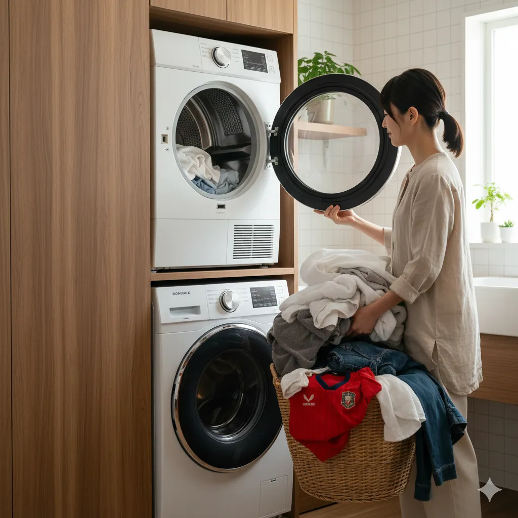 ランドリールームで、バスケットいっぱいの洗濯物を持つ日本人女性が、洗濯機の上に設置されたガス衣類乾燥機「乾太くん」のドアを開けている。