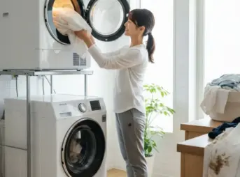 明るいランドリールームで、縦型洗濯機の上に設置された乾太くんに洗濯物を入れている日本人女性。横には泥汚れのついた子供服の山。