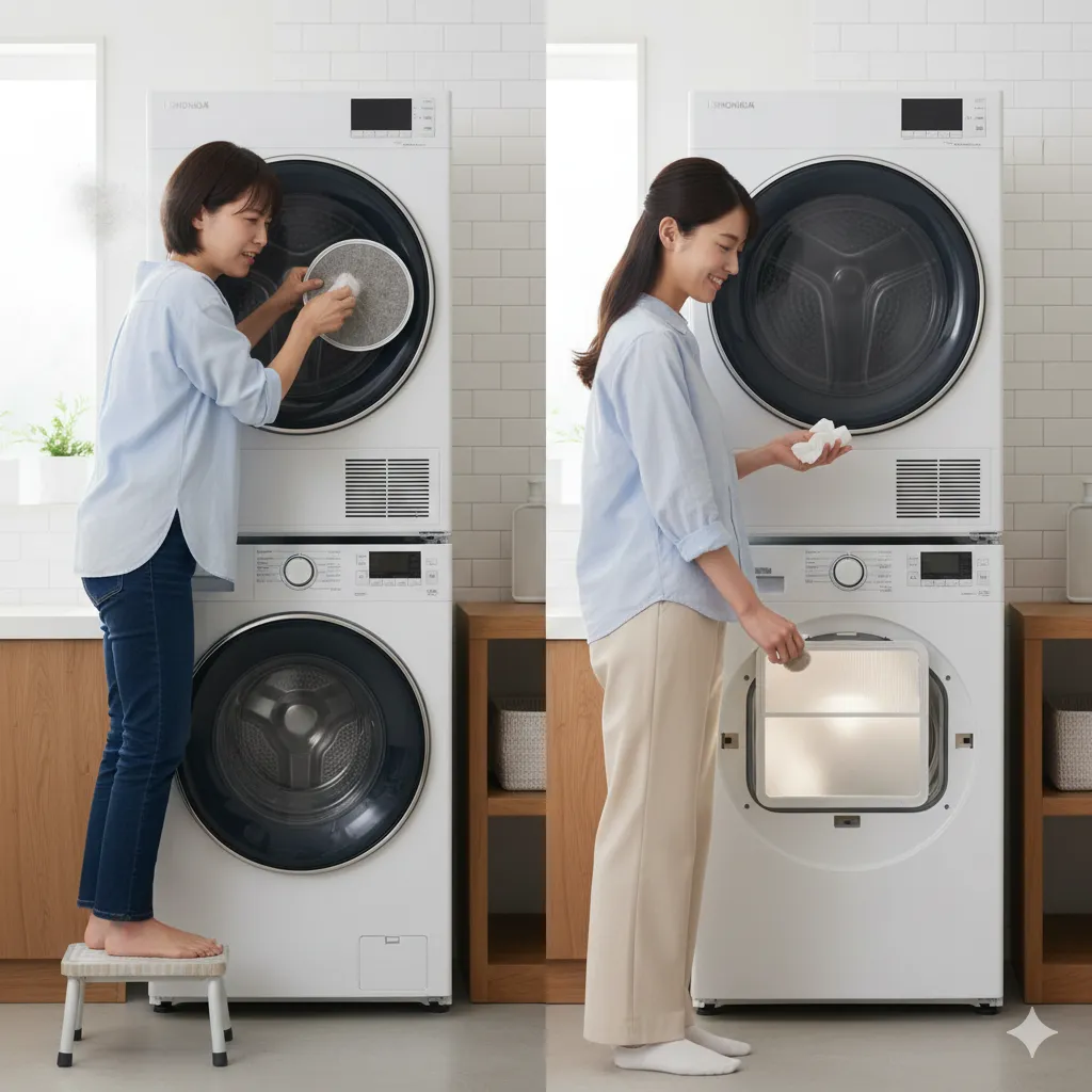 左右に分割された画像。左側では、脚立に乗った日本人女性が乾太くんスタンダードの奥にあるフィルターを掃除するのに苦労している。右側では、別の日本人女性が乾太くんデラックスの手前にあるフィルターを簡単に取り出して掃除している。