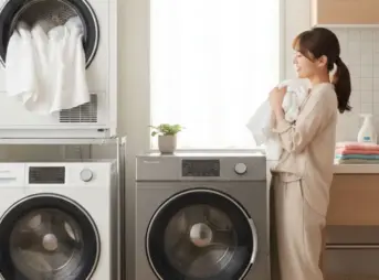 洗濯機とガス衣類乾燥機「乾太くん」、電気ヒートポンプ式洗濯乾燥機が並んだ明るいランドリールームで、乾燥後のふわふわなタオルを笑顔で抱きしめる日本人女性