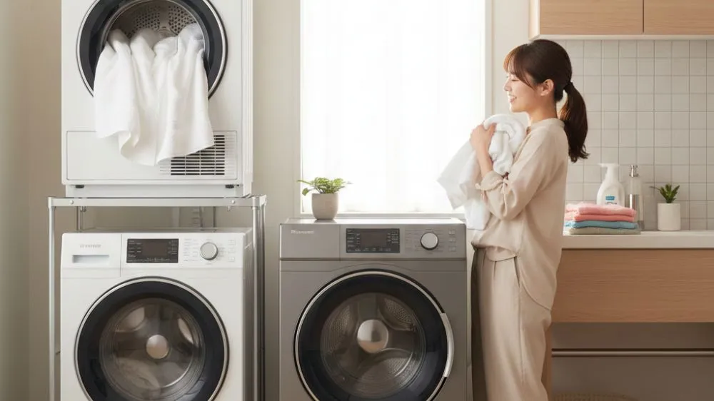 洗濯機とガス衣類乾燥機「乾太くん」、電気ヒートポンプ式洗濯乾燥機が並んだ明るいランドリールームで、乾燥後のふわふわなタオルを笑顔で抱きしめる日本人女性
