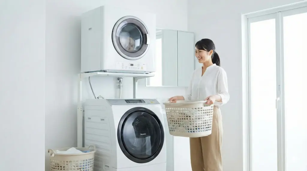 洗濯機の上部にガス衣類乾燥機が設置された洗面所で、洗濯カゴを持って笑顔で次の洗濯準備をする日本人女性の様子。洗濯と乾燥の並列処理による時短イメージ。