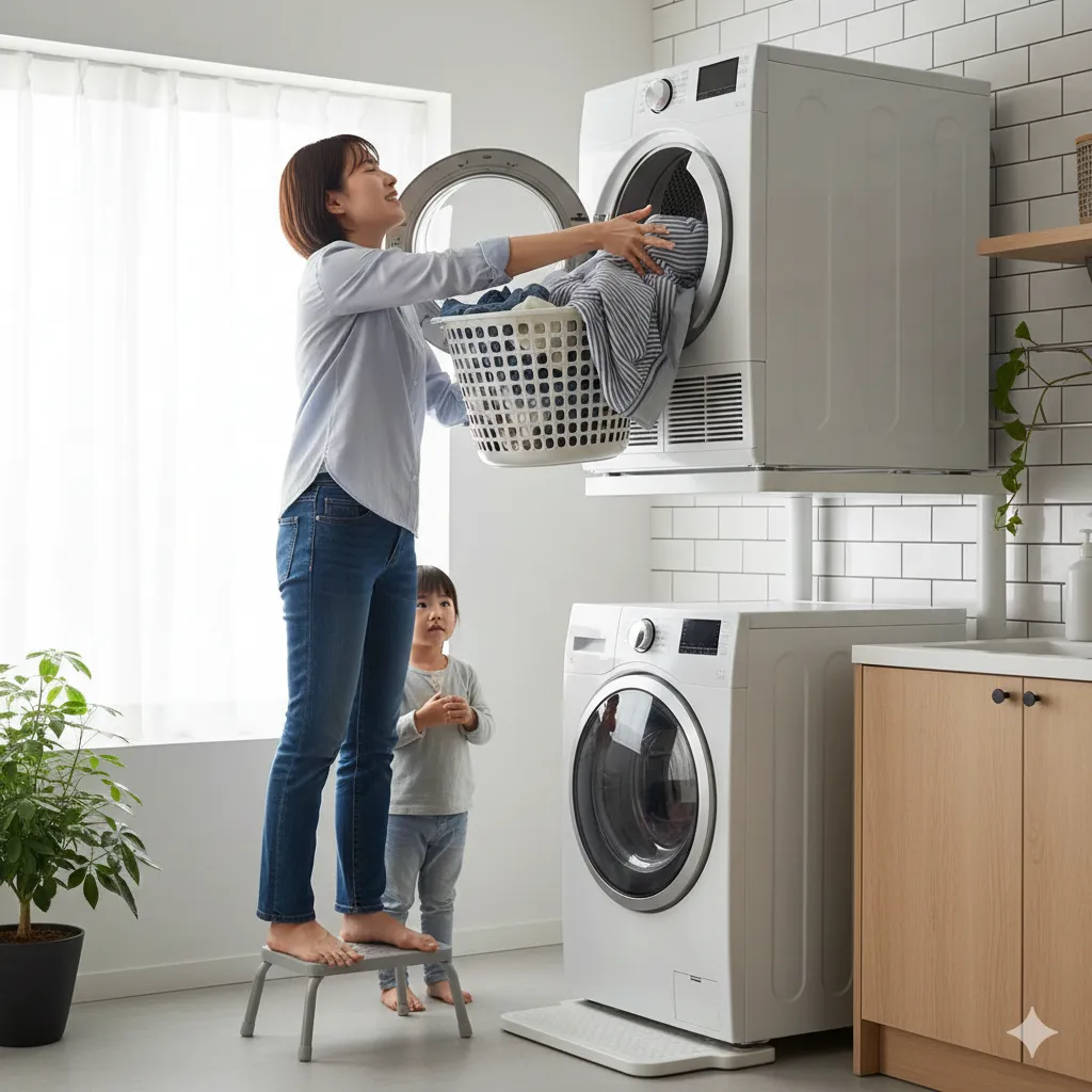 洗濯機の上に設置された乾太くんから洗濯物を取り出そうと、踏み台に乗り背伸びしている日本人女性。足元には心配そうに見上げる小さな子供がいる。設置高さによる使いにくさを表現。