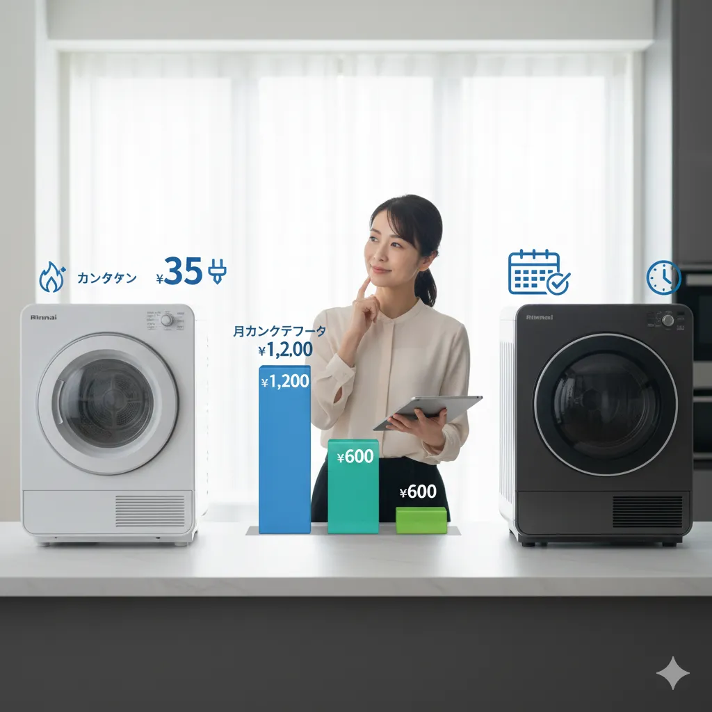 ガス乾燥機と電気乾燥機を比較するグラフとデータが表示されたタブレットを持つ日本人女性。月額コストや時間単価を比較検討している様子。