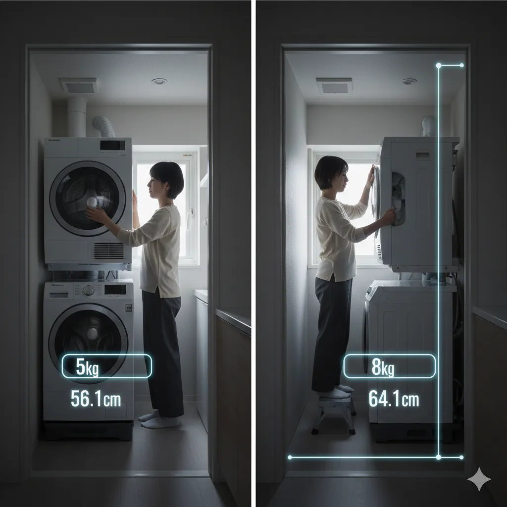狭い洗面所に設置されたガス衣類乾燥機「乾太くん」の5kgモデルと8kgモデルの圧迫感を比較する画像。8kgモデルの方が奥行きがあり、女性が手を伸ばしてフィルターを掃除する際に苦労している様子が描かれている。