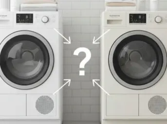 明るい洗面所に設置された二台の衣類乾燥機。左はデラックスタイプ、右はスタンダードタイプ。中央には大きな疑問符が描かれており、どちらを選ぶべきか悩んでいる様子を表現。