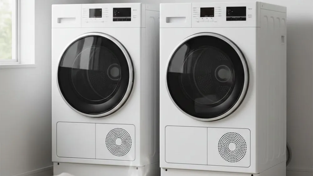 乾太くん5kgモデルと8kgモデルの、都市ガスとプロパンガスでの月額コスト差を示す棒グラフと、並べられた2台の乾燥機の比較。