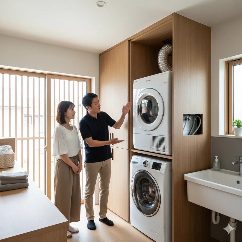 新築住宅のランドリールームで、乾太くんが組み込まれた造作棚を日本人夫婦が見ている。男性が乾太くんを指して説明しており、機能的で美しい仕上がりをアピールしている。