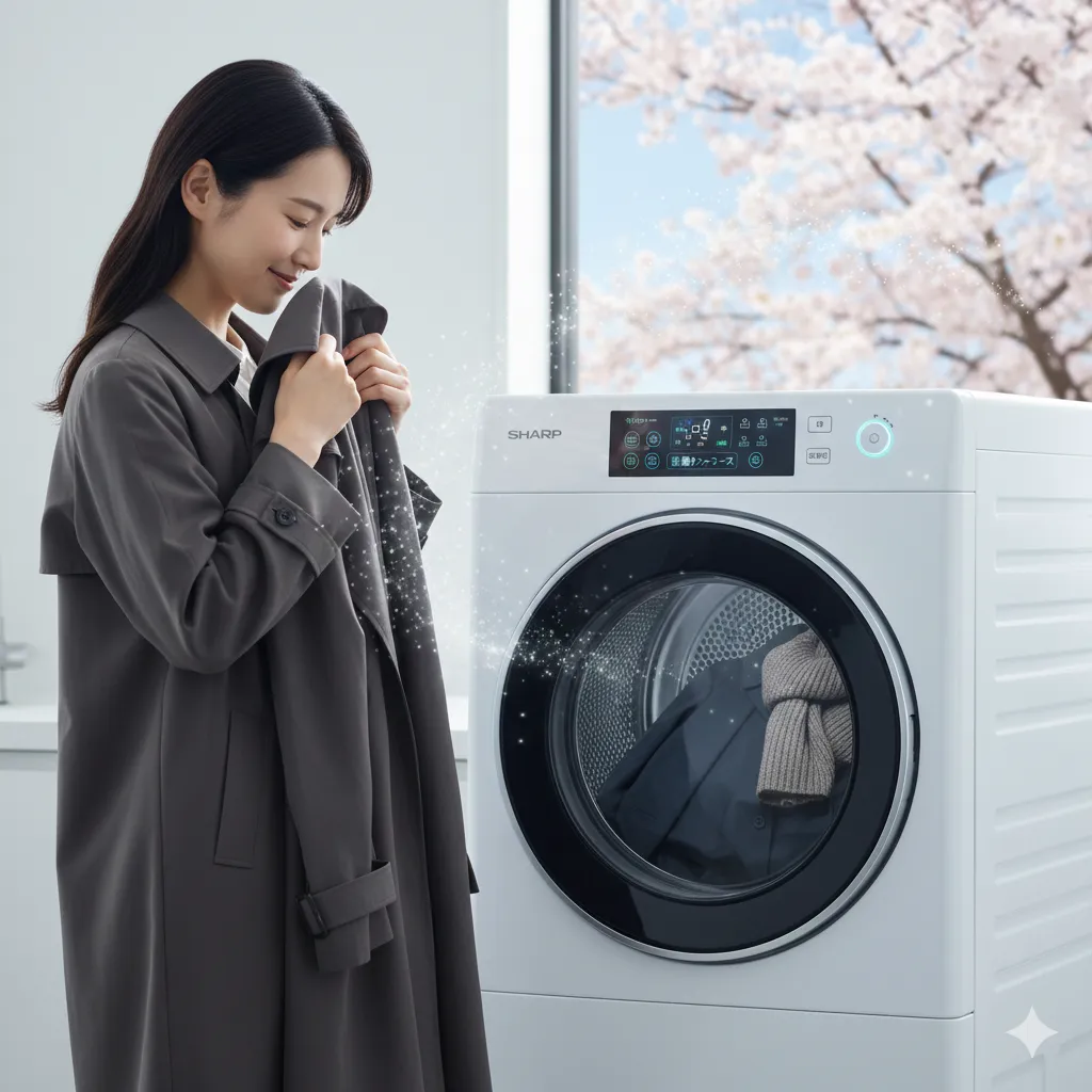 桜が満開の窓を背景に、乾太くんデラックスの花粉ケアコースで衣類をケアする日本人女性。トレンチコートを嗅ぎ、満足そうな表情をしている。乾燥機からは花粉を飛ばすような白い粒子が舞っている。