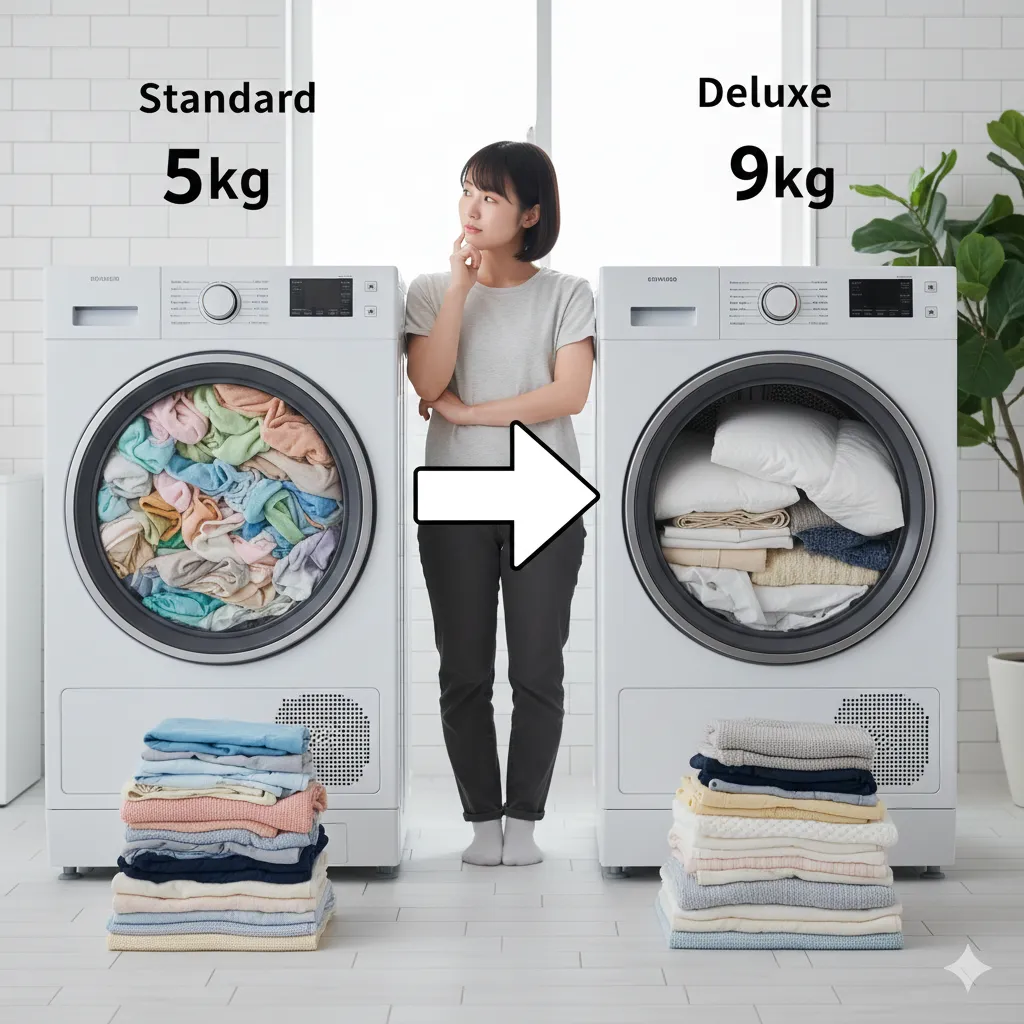 悩む日本人女性が、洗濯機の上に置かれた乾太くんのスタンダード（5kg）とデラックス（9kg）の間に立っている。スタンダードには溢れそうな洗濯物が、デラックスには余裕を持って収まった洗濯物があり、容量の違いを比較している。
