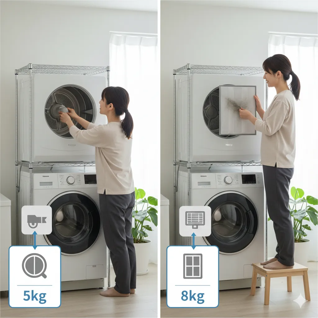 ガス衣類乾燥機「乾太くん」の5kgと8kgモデルのフィルター掃除のしやすさを比較する画像。5kgモデルは奥にあるフィルターに手が届きやすいが、8kgモデルは奥行きがあるため、女性が踏み台を使ってフィルターを掃除している。