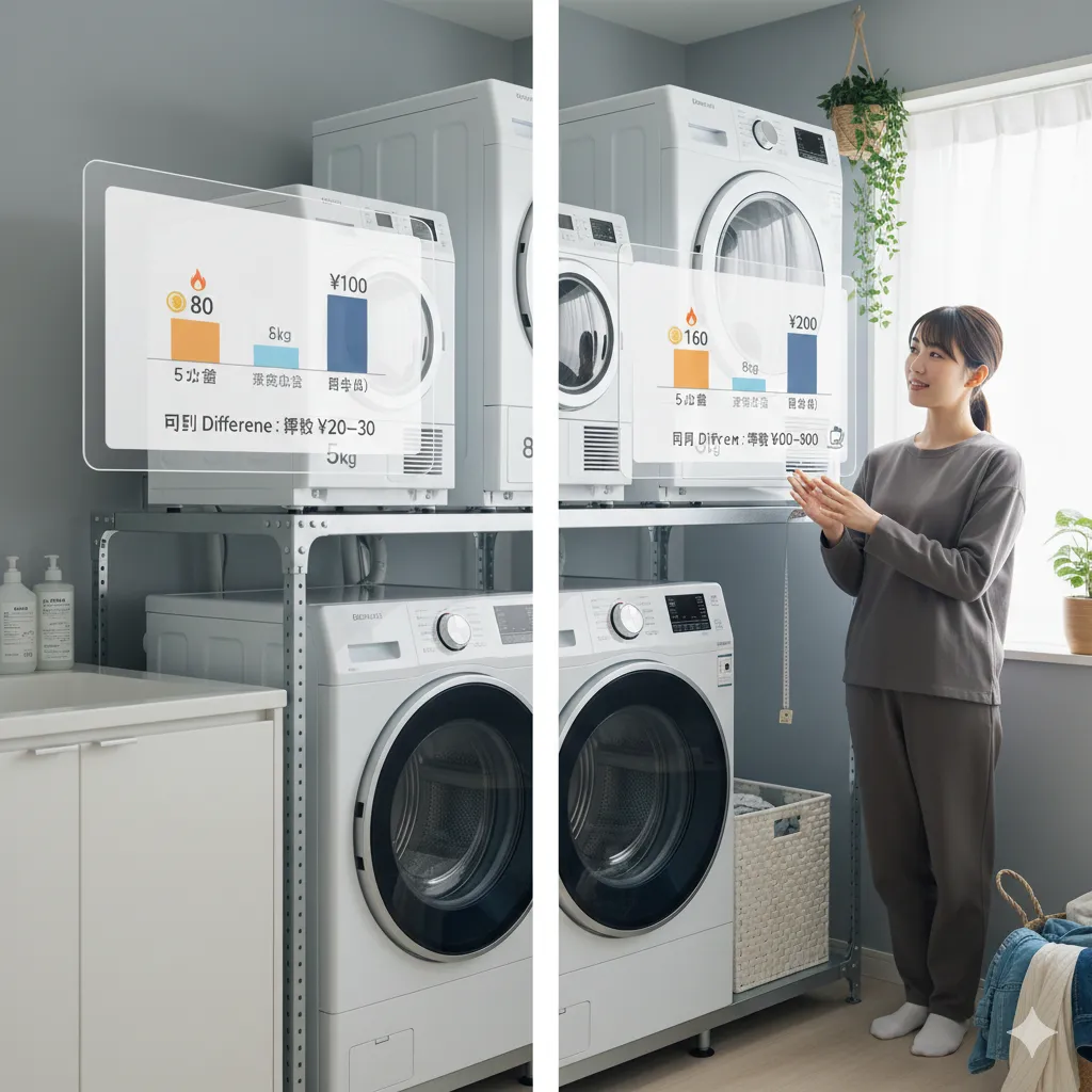 ガス衣類乾燥機「乾太くん」の5kgと8kgのガス代の違いを示す比較画像。それぞれの乾燥機の上に都市ガスとプロパンガスでの1回あたりの料金目安がオーバーレイ表示されている。