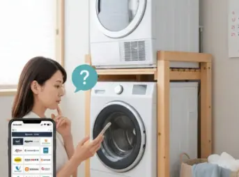 ランドリールームでスマートフォンを使い、乾太くんの購入先を比較検討する日本人女性。洗濯機の上に設置された乾太くんがあり、女性の頭上には疑問符の吹き出しが見える。