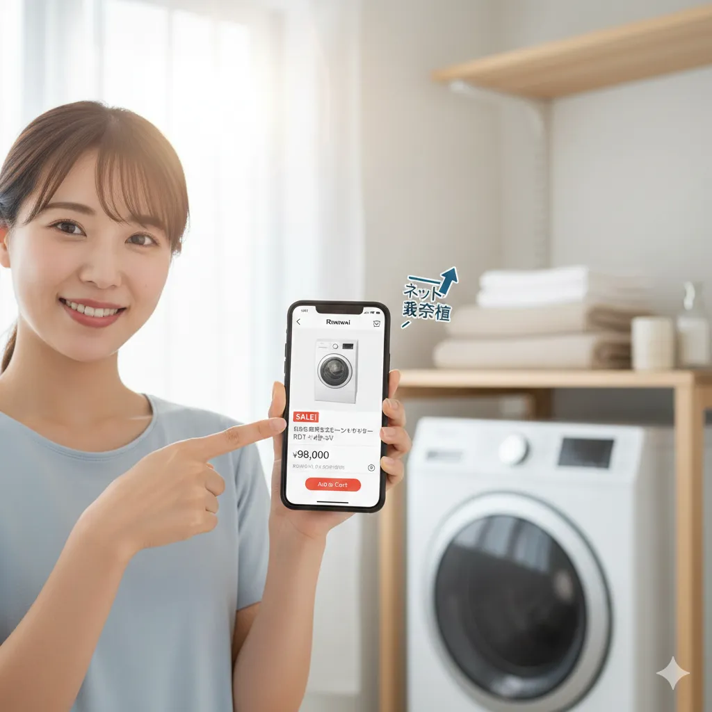 笑顔でスマートフォンを指差す日本人女性。スマートフォンの画面には、ネット通販サイトで乾太くんが割引価格で販売されている様子が表示されており、「ネット最安値」の文字が添えられている。背景には洗濯機と棚が見える。