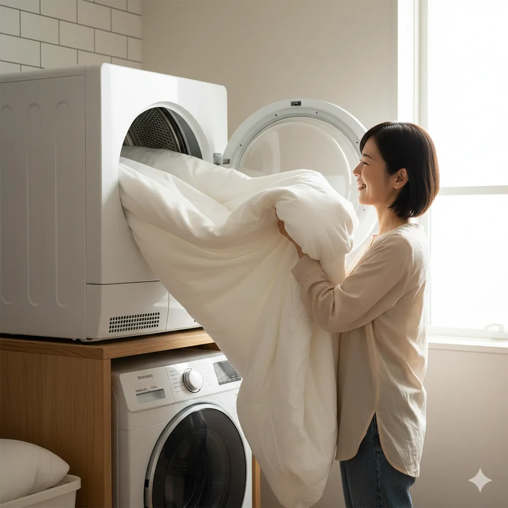 明るいランドリールームで、日本人女性がガス衣類乾燥機「乾太くん」に大きな白い布団を入れようとしている。