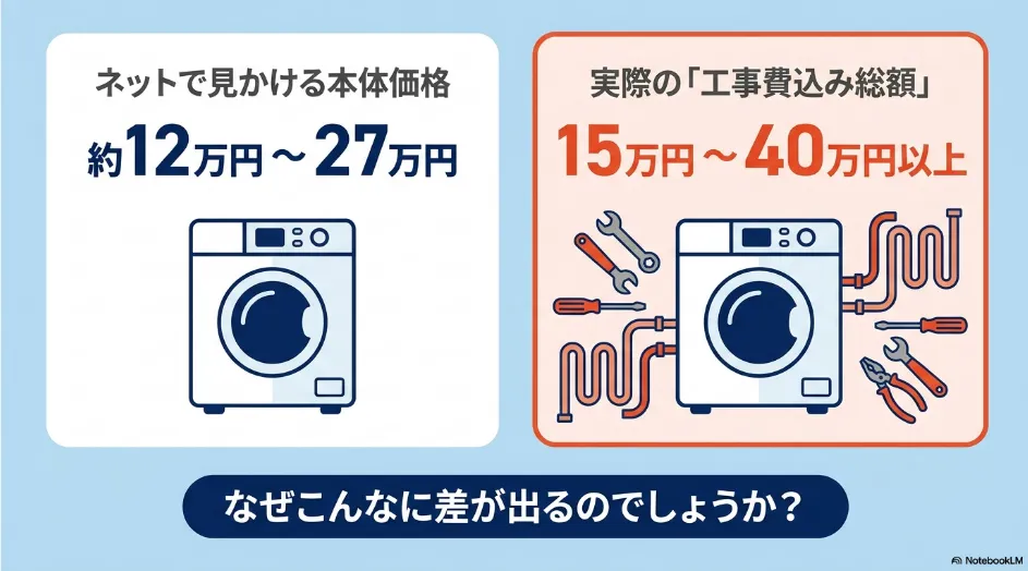 乾太くんのネット通販での本体価格約12万円から27万円と、実際の工事費込み総額15万円から40万円以上を比較したスライド