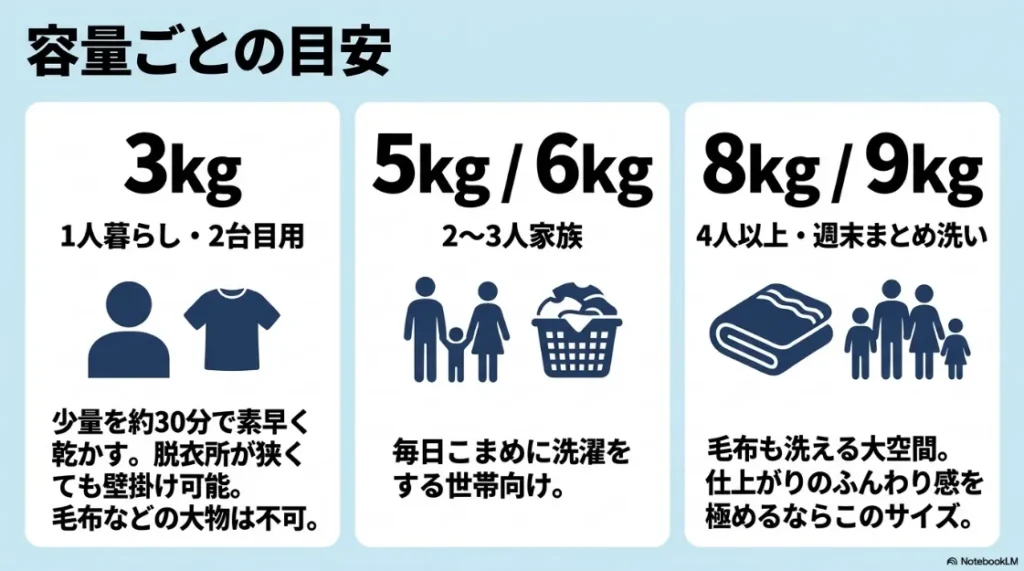 乾太くんの容量目安一覧。3kgは1人暮らし、5kg・6kgは2〜3人、8kg・9kgは4人以上の家族やまとめ洗い向け。