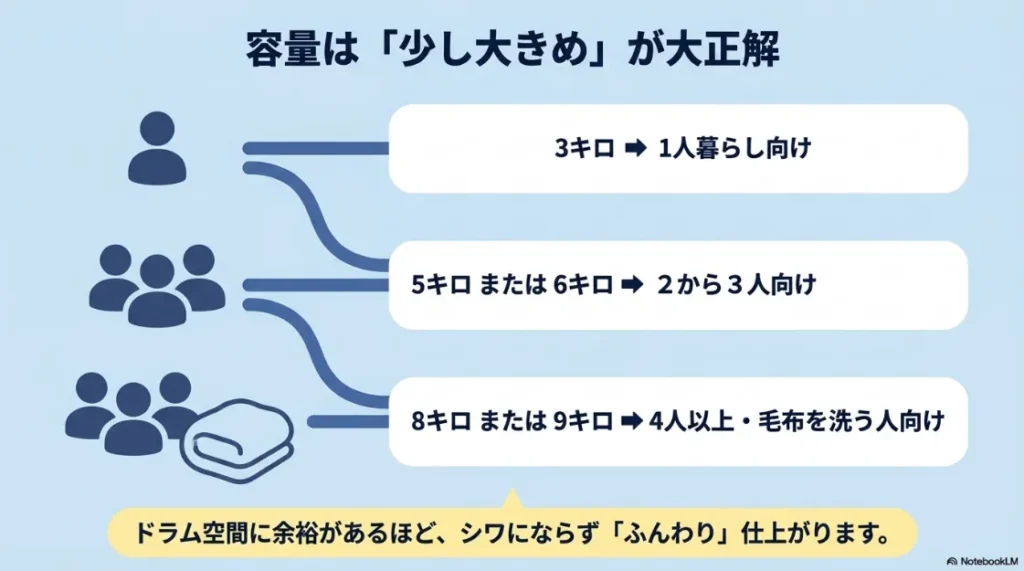 世帯人数に合わせた乾太くんの容量（3kg、5/6kg、8/9kg）と、仕上がりを良くする「少し大きめ」の選び方。
