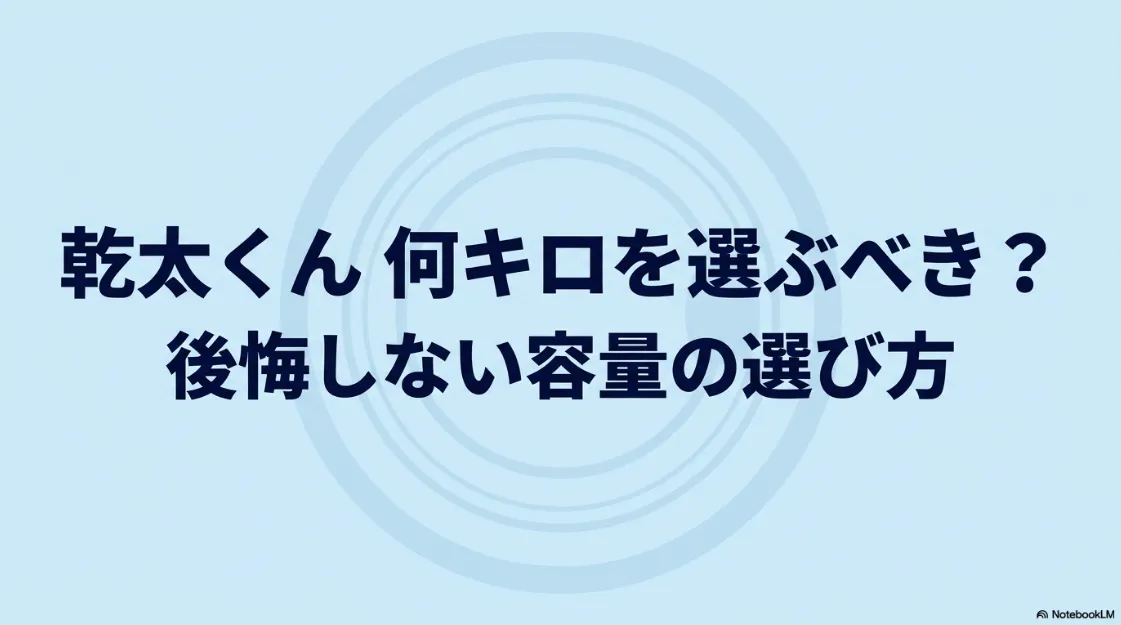 乾太くんの容量選びで後悔しないためのガイド。何キロを選ぶべきかを解説するスライド資料の表紙。