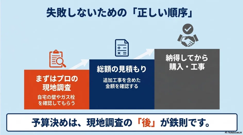 乾太くんを導入するときの正しい順序として、現地調査、追加工事を含む総額見積もり、納得後の購入と工事を示したスライド