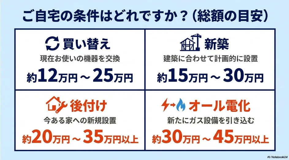 乾太くんの工事費込み総額を買い替え、新築、既存住宅への後付け、オール電化住宅の4条件に分けて示した比較表