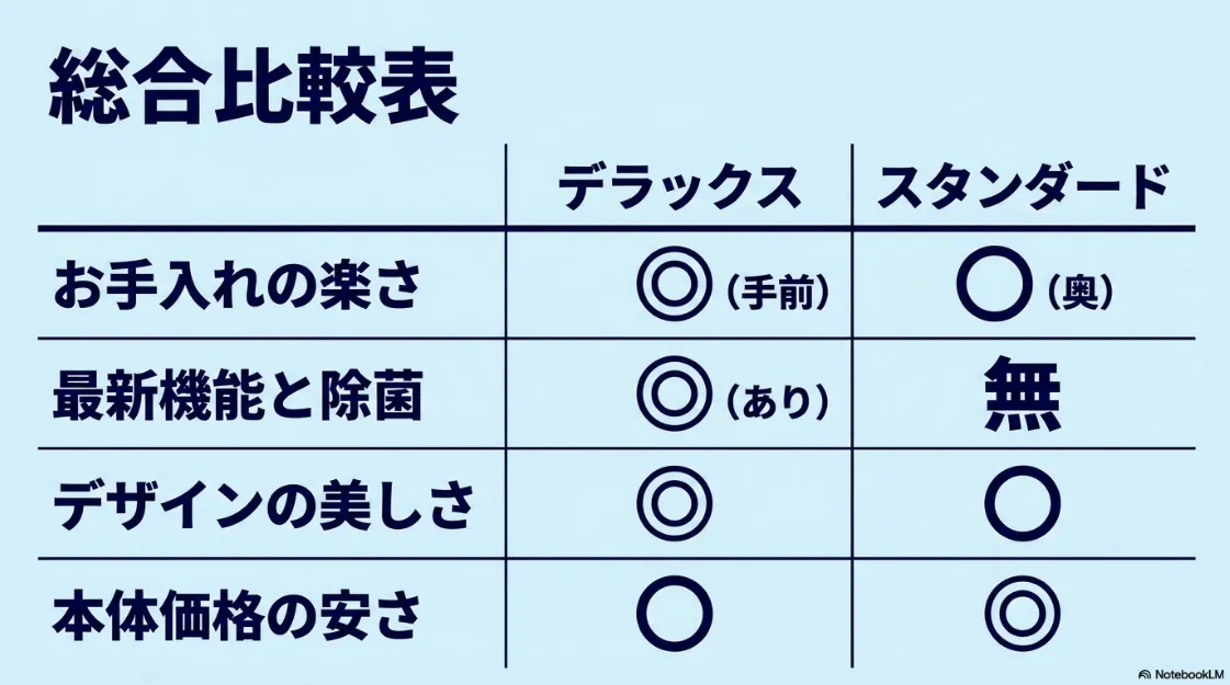 お手入れの楽さ、機能・デザイン、価格の3項目でデラックスとスタンダードを一覧比較した総合比較表スライド。