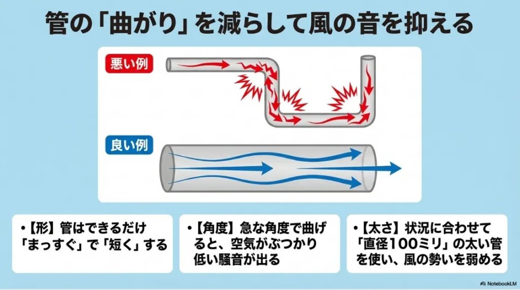 排湿管設計のコツ。管を「まっすぐ」「短く」し、角度を緩やかにして騒音を抑えるポイントを説明した図解。