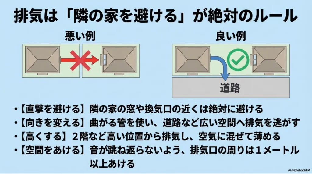 排気口の設置場所の比較図。隣家の窓を避け、道路側の広い空間へ排気を逃がす良い例と悪い例の解説。