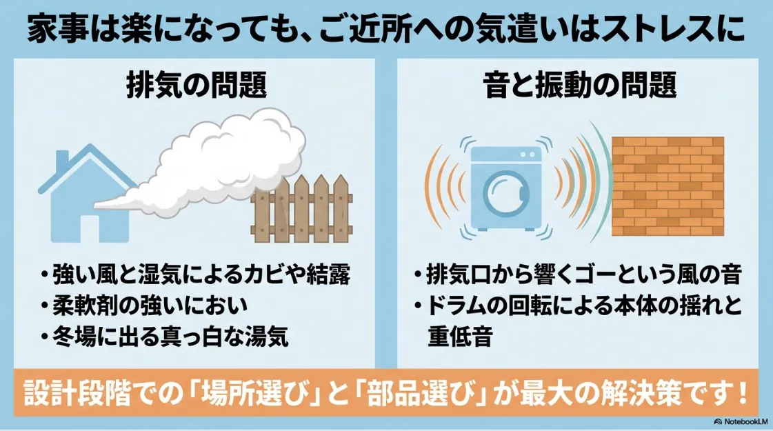 ガス乾燥機の排気と音の問題点（湿気、カビ、におい、風の音、振動など）をまとめたイラスト。