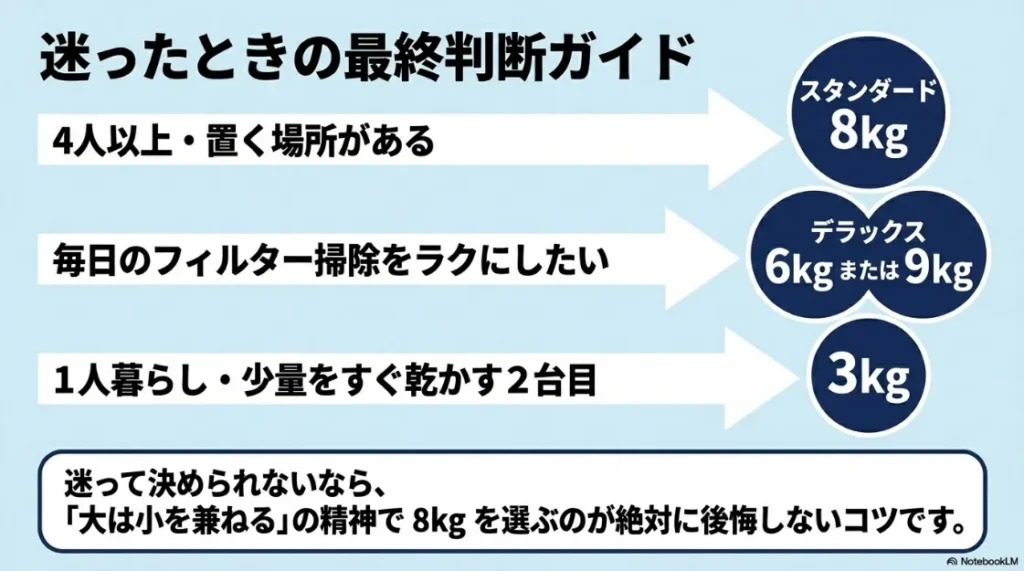 乾太くんの容量選びに迷ったときの最終判断フロー。家族構成や重視するポイント別の推奨モデルまとめ。