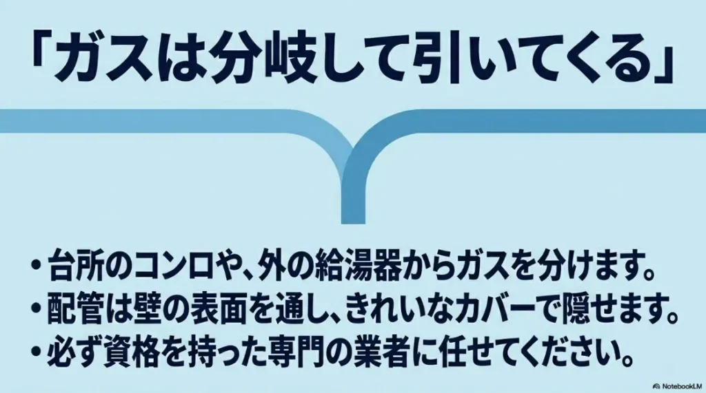 台所や給湯器からガスを分岐させる配管工事と専門業者への依頼について解説するスライド