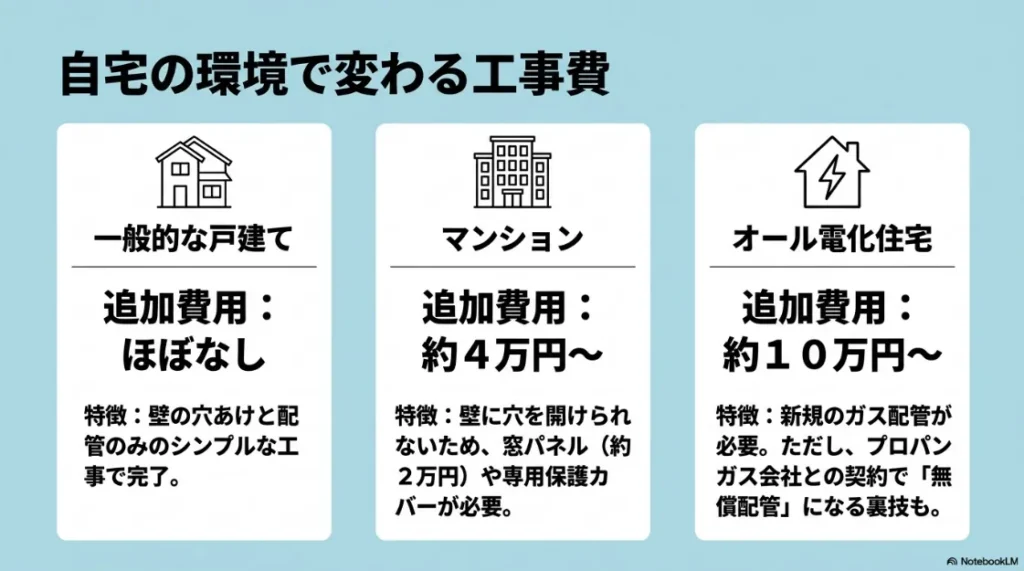 戸建て、マンション、オール電化住宅別の乾太くん設置工事費の目安と特徴のまとめ。