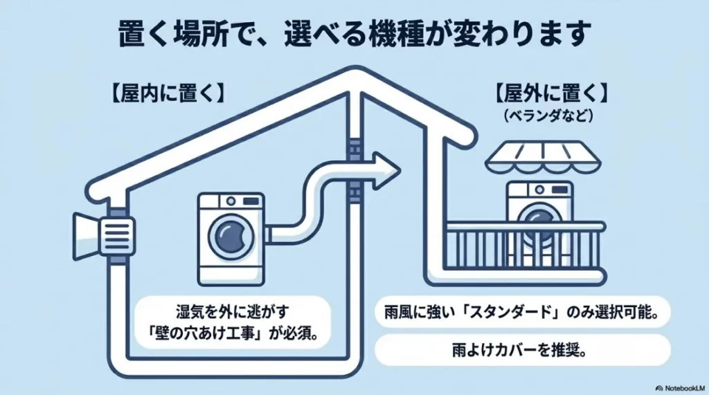 乾太くんの屋内設置（壁の穴あけ必須）と屋外設置（スタンダードのみ、雨よけカバー推奨）の条件の違い。