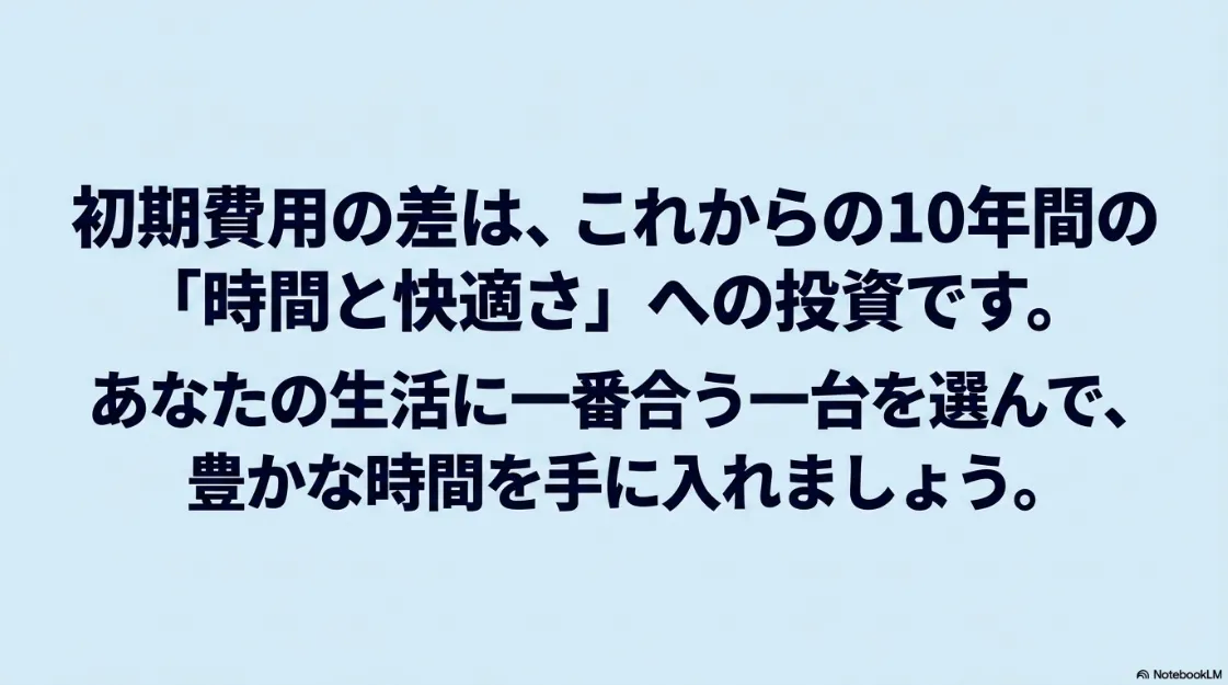 初期費用の差は10年間の時間と快適さへの投資であることを伝え、最適な一台の選択を促す結びのスライド。