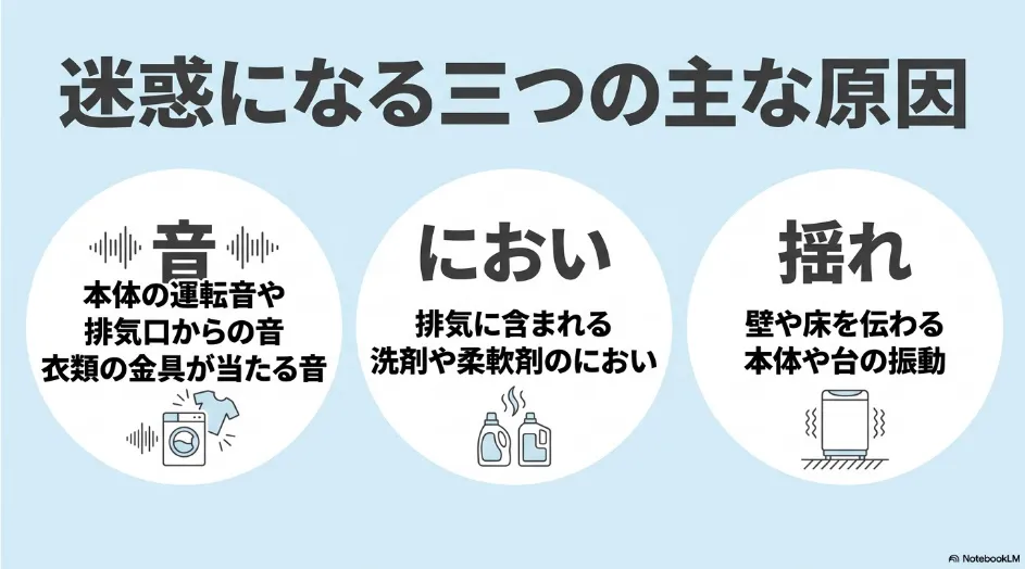 乾太くんで近所迷惑になりやすい音・におい・揺れの3つの原因を示す図