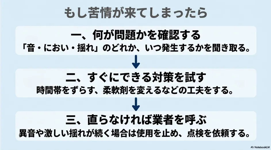 近隣から苦情が来たときに問題を確認し、対策を試して業者へ点検を依頼する流れ