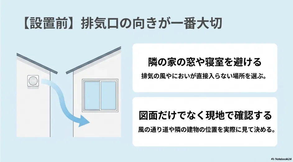 排湿口を隣家の窓や寝室から避け、風向きや建物の位置を現地確認する設置前対策