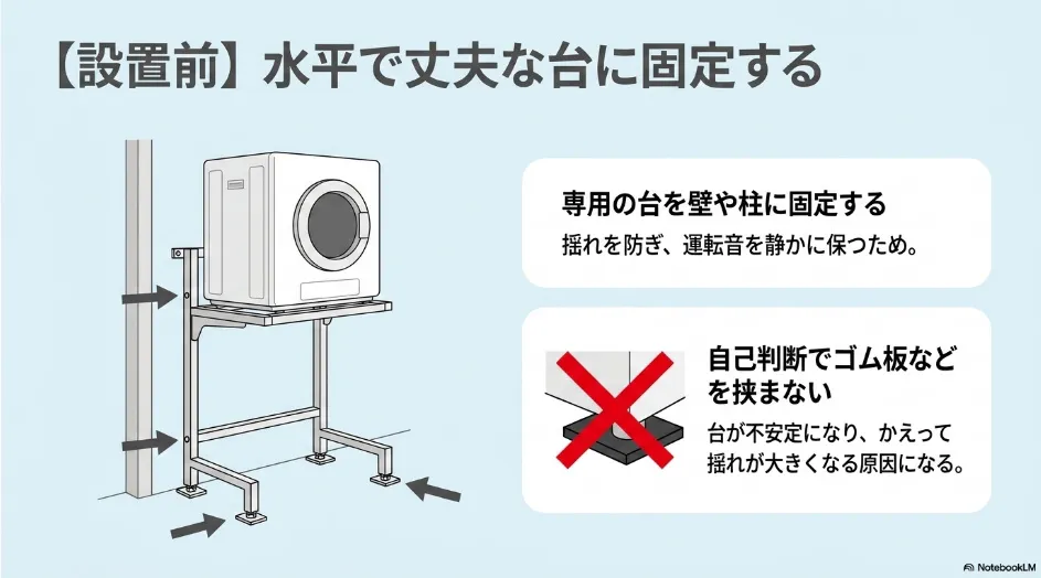 乾太くんを水平で丈夫な専用台へ固定し、自己判断でゴム板を挟まない注意点