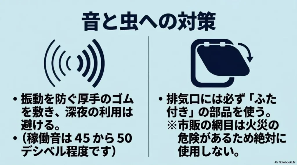 乾太くんの稼働音・振動対策と、ふた付き部品による虫侵入対策を解説するスライド