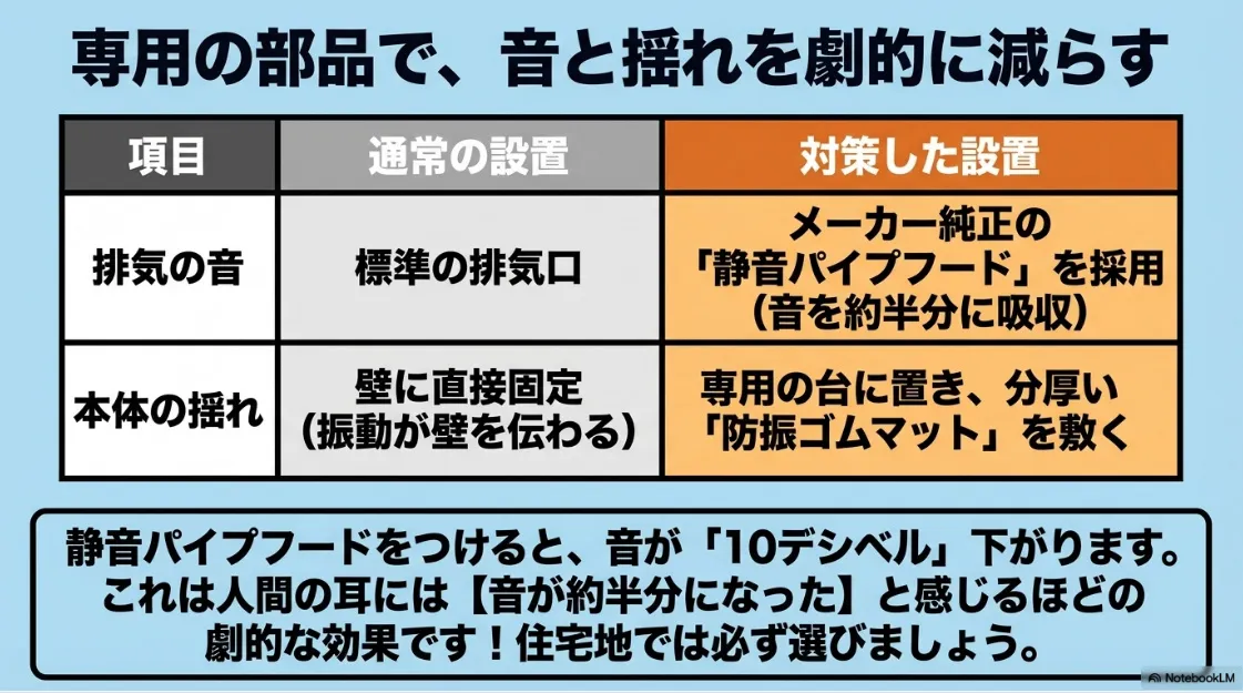 通常の設置と対策した設置の比較表。静音パイプフードや防振ゴムマット、専用台を使用することによる音と揺れの低減効果。
