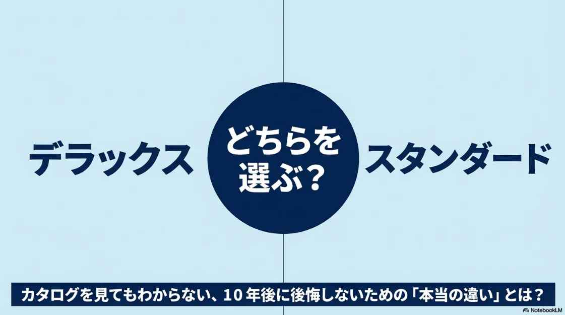 カタログスペックだけでは分からない、10年後に後悔しないためのデラックスとスタンダードの「本当の違い」を提示する導入スライド。