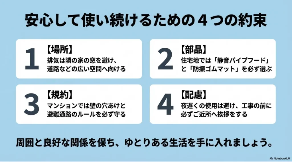 安心して使い続けるための4つの約束（場所・部品・規約・配慮）をまとめた総括スライド。