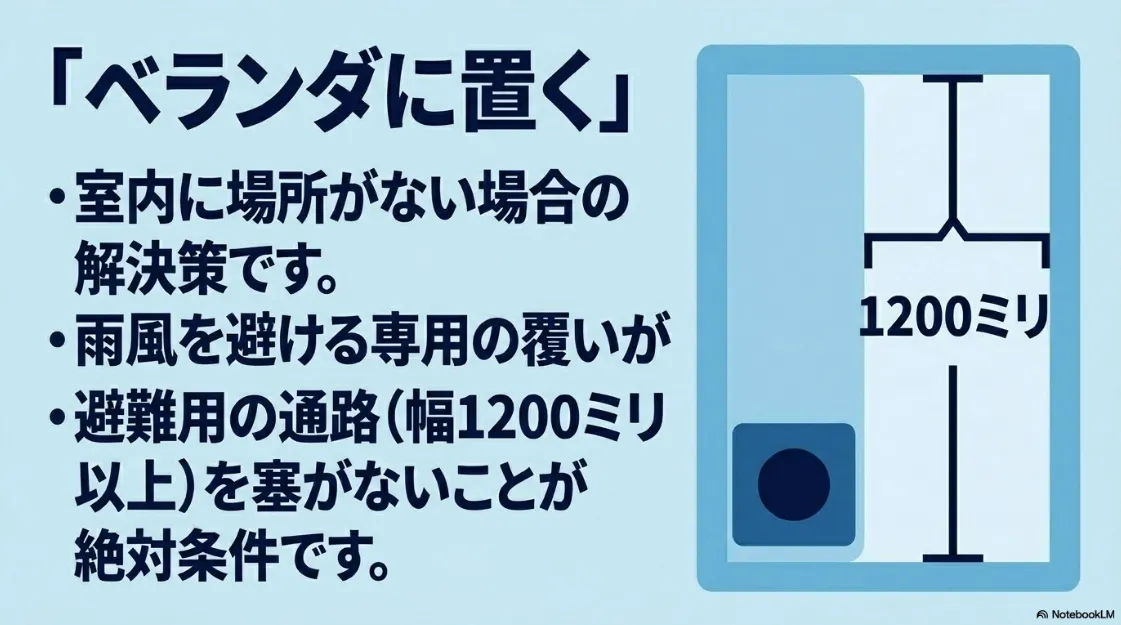 ベランダ設置の条件として避難通路（幅1200mm以上）を塞がないことを説明するスライド