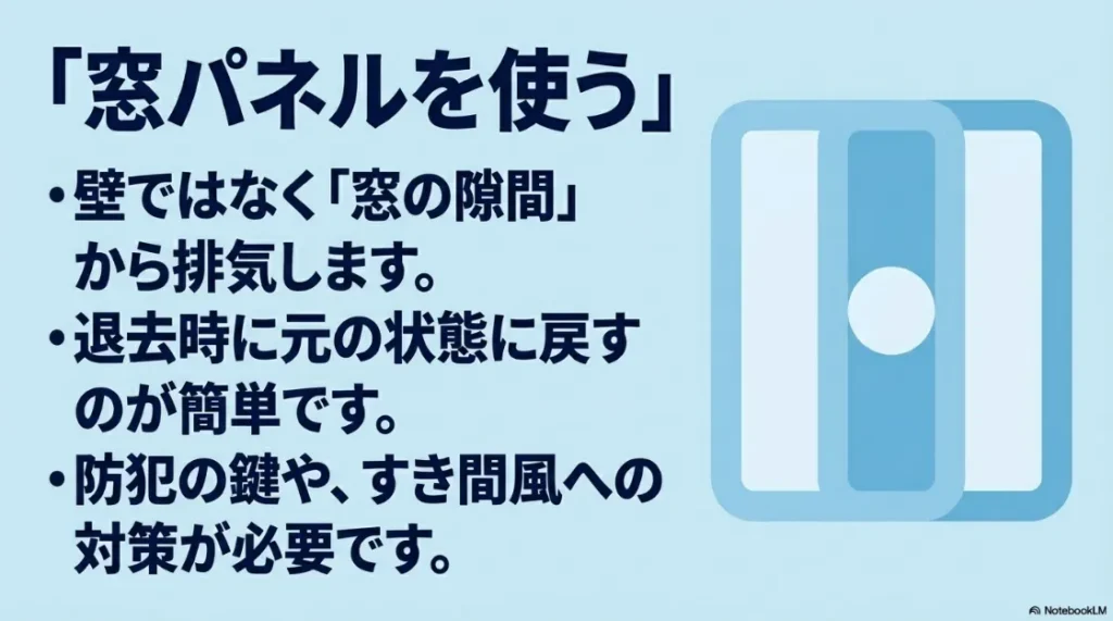 窓パネルを使用して壁に穴を開けずに排気する仕組みと、防犯・隙間風対策の必要性を説明するスライド