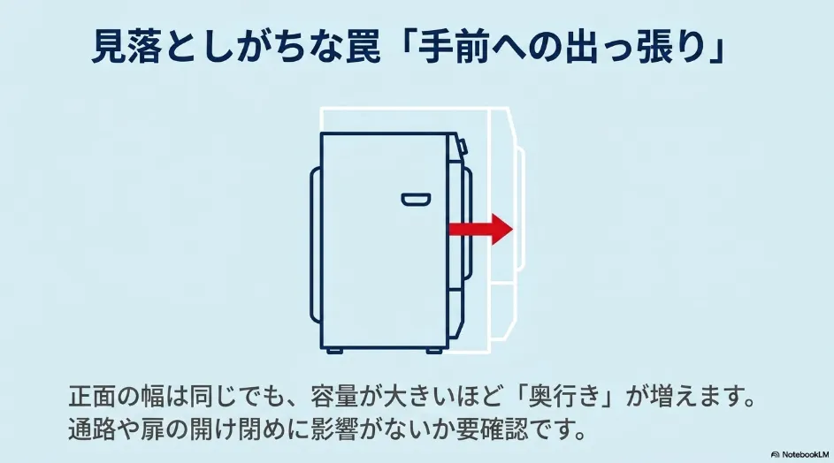 同じシリーズでは容量が大きいモデルほど奥行きが増えて手前へ張り出すことを示した側面図